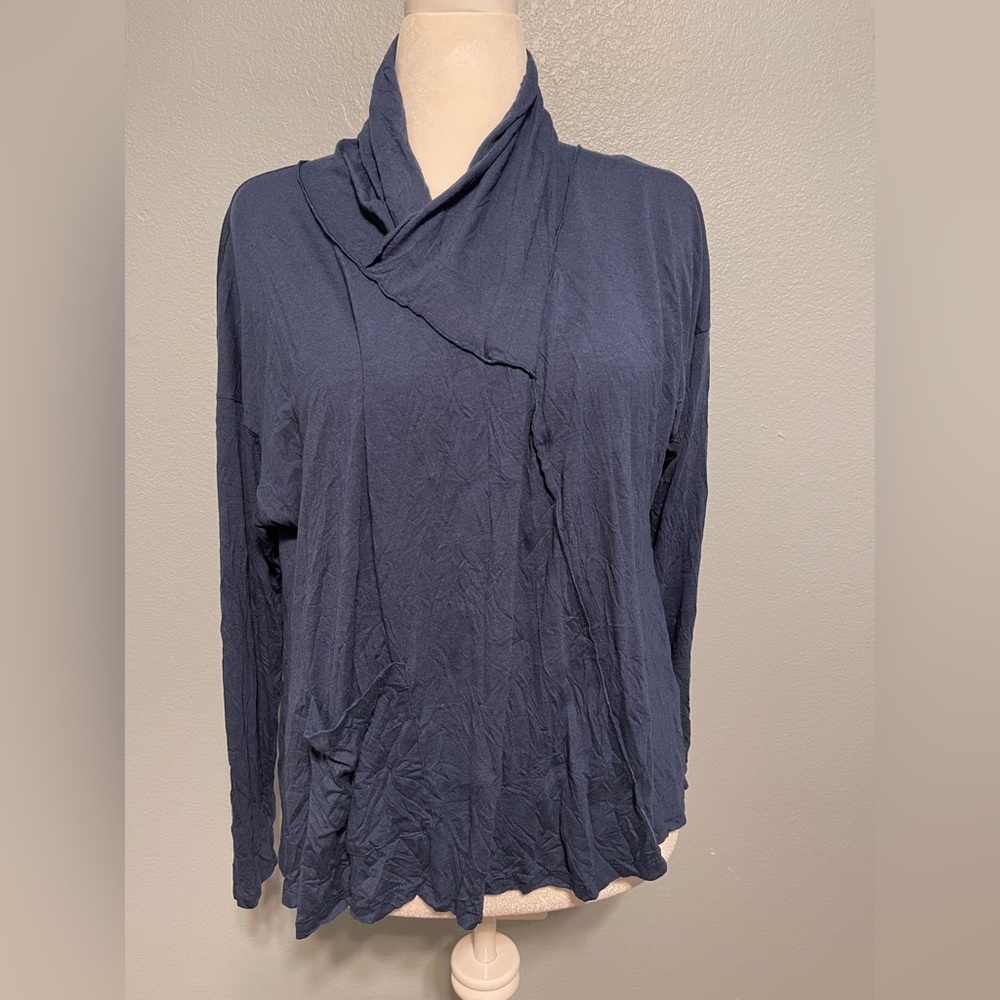 Chalet Et Ceci Asymmetrical Cowl Neck Top Blue Crinkle Knit Bamboo Lagenlook XS